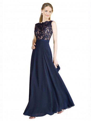 Soft Chiffon & Lace Illusion Neck V-Back A-Line Dark Navy Prom Dress Canada Factory