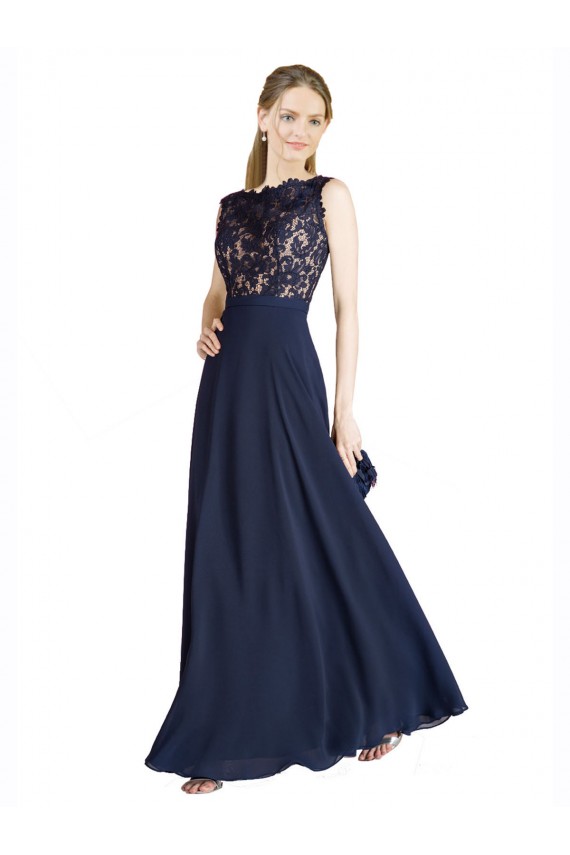 Soft Chiffon & Lace Illusion Neck V-Back A-Line Dark Navy Prom Dress Canada Factory