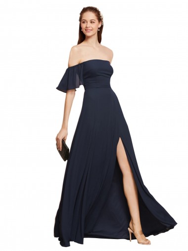 Soft Chiffon Off the Shoulder A-Line Dark Navy Prom Dress Canada Factory
