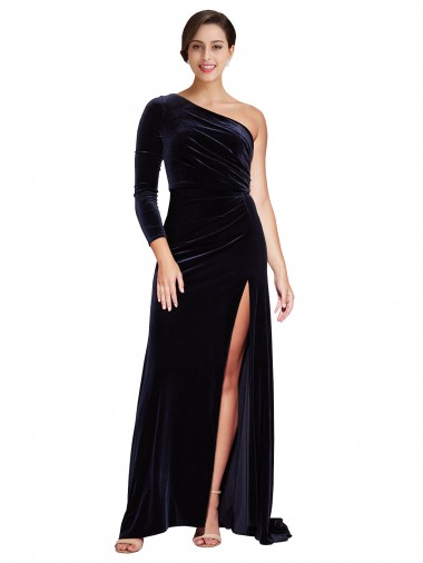 Stretch Velvet One Shoulder A-Line Dark Navy Prom Dress Canada Factory