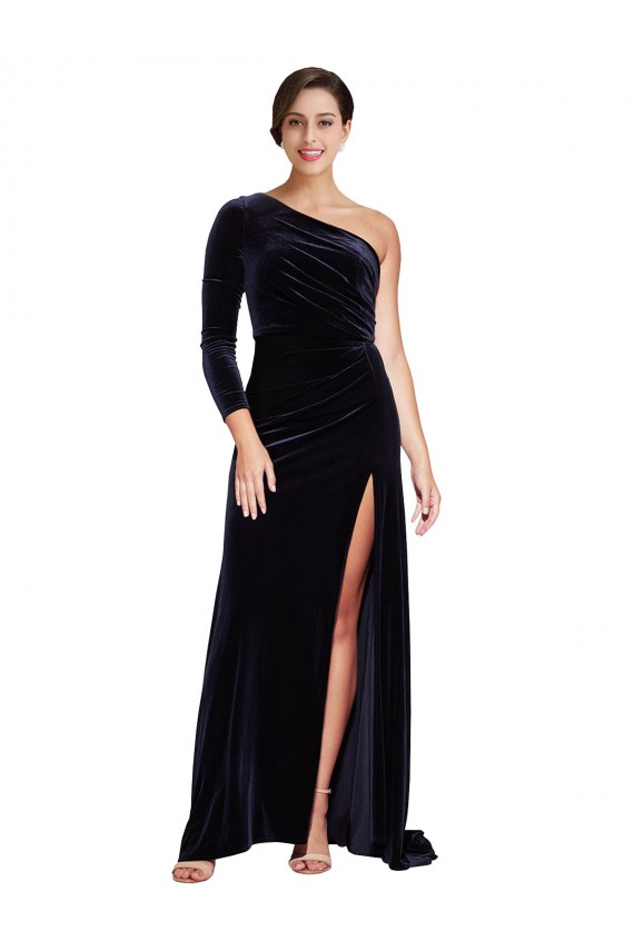 Stretch Velvet One Shoulder A-Line Dark Navy Prom Dress Canada Factory