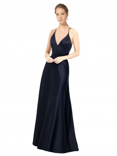 Satin V-Neck A-Line Dark Navy Prom Dress Canada Factory