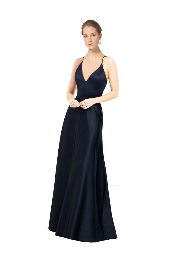 Satin V-Neck A-Line Dark Navy Prom Dress Canada Factory