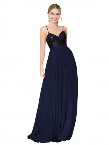 Soft Chiffon & Sequin High Neck A-Line Dark Navy Prom Dress Canada Factory