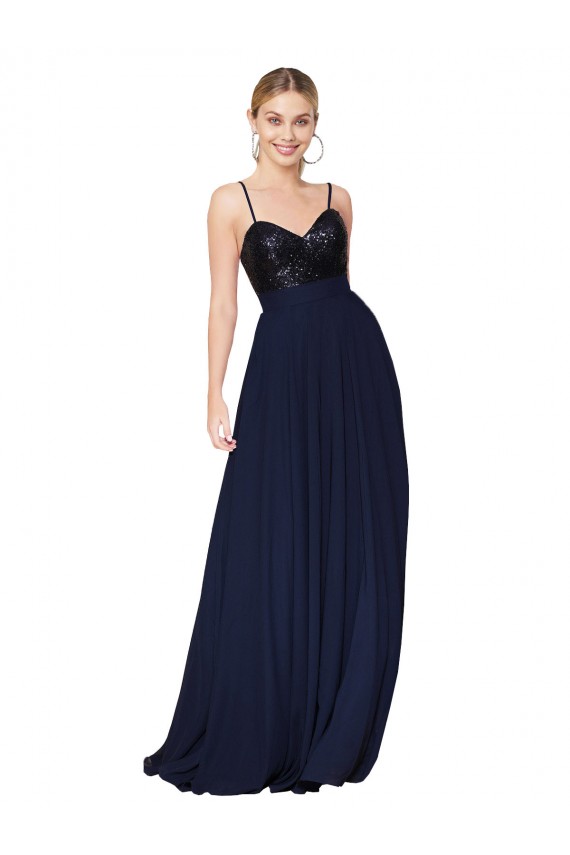Soft Chiffon & Sequin High Neck A-Line Dark Navy Prom Dress Canada Factory