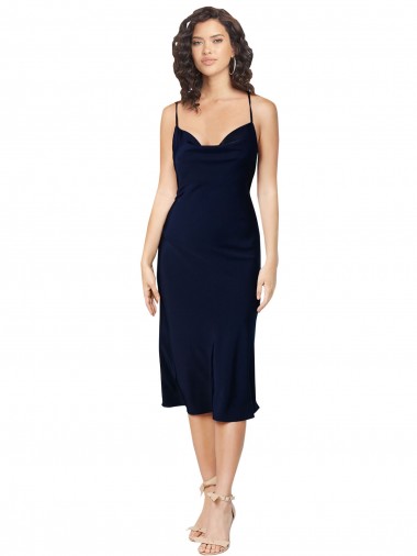 Silky Satin Cowl Neck Open Back A-Line Dark Navy Prom Dress Canada Factory