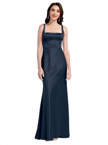 Stretch Satin Square Neck Low Back A-Line Dark Navy Prom Dress Canada Factory