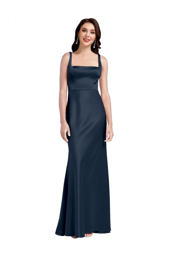Stretch Satin Square Neck Low Back A-Line Dark Navy Prom Dress Canada Factory