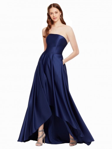 Satin Strapless Low Back A-Line Dark Navy High Low Prom Dress Canada Factory