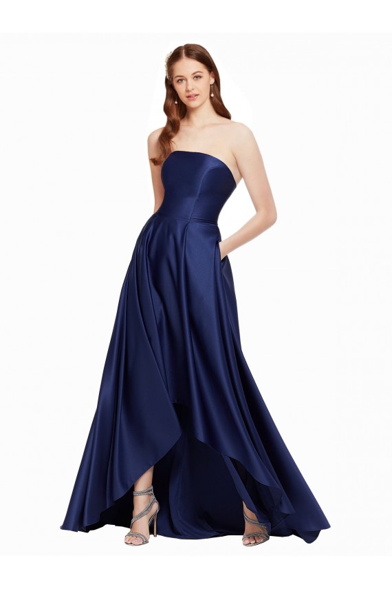 Satin Strapless Low Back A-Line Dark Navy High Low Prom Dress Canada Factory
