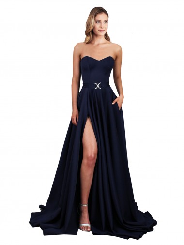 Stretch Crepe High Neck Low Back A-Line Dark Navy Prom Dress Canada Factory