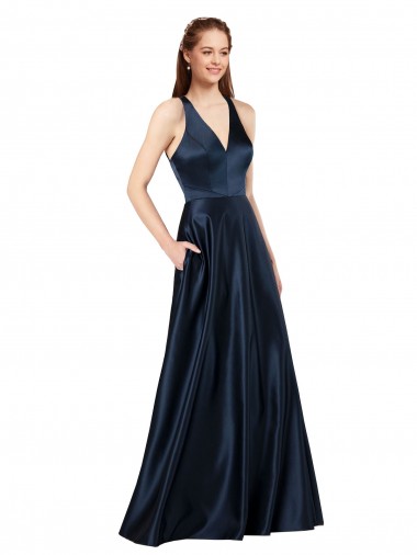 Satin V-Neck Keyhole Back A-Line Dark Navy Prom Dress Canada Factory
