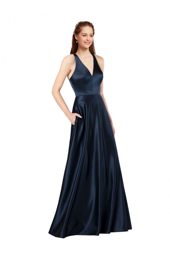 Satin V-Neck Keyhole Back A-Line Dark Navy Prom Dress Canada Factory