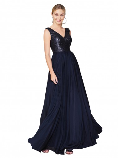 Soft Chiffon & Sequin High Neck V-Back A-Line Dark Navy Prom Dress Canada Factory