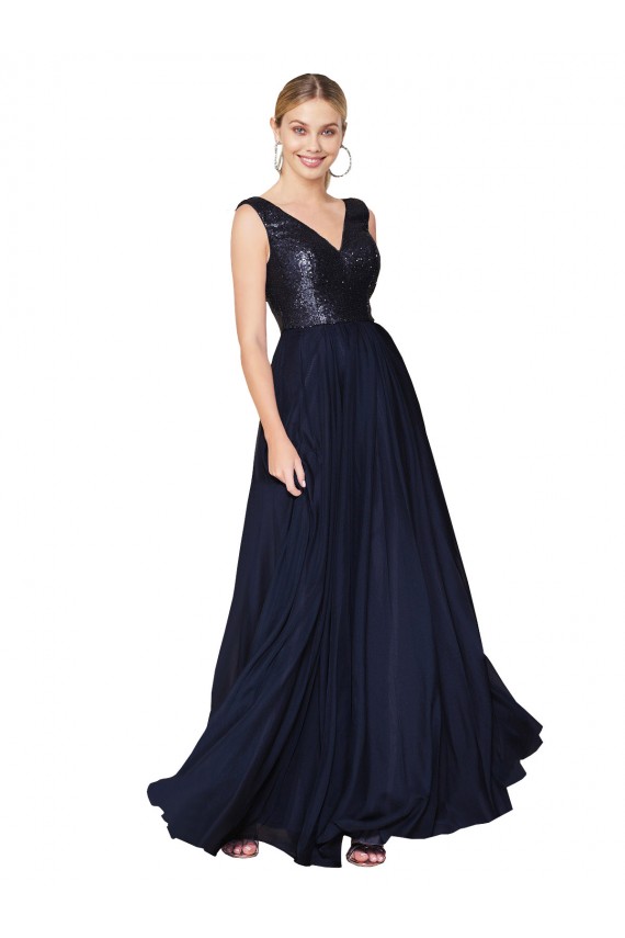 Soft Chiffon & Sequin High Neck V-Back A-Line Dark Navy Prom Dress Canada Factory
