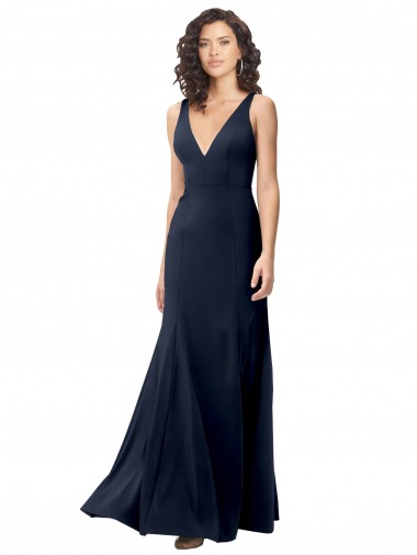 Stretch Crepe High Neck V-Back A-Line Dark Navy Prom Dress Canada Factory