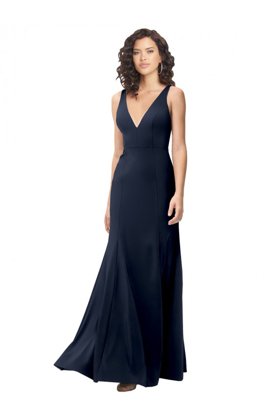 Stretch Crepe High Neck V-Back A-Line Dark Navy Prom Dress Canada Factory