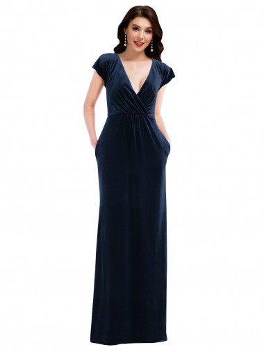 Stretch Velvet V-Neck A-Line Dark Navy Prom Dress Canada Factory