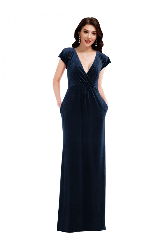 Stretch Velvet V-Neck A-Line Dark Navy Prom Dress Canada Factory