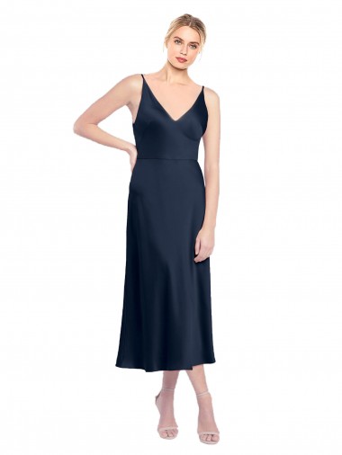 Stretch Satin V-Neck V-Back A-Line Dark Navy Prom Dress Canada Factory