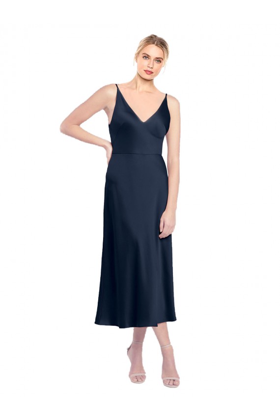 Stretch Satin V-Neck V-Back A-Line Dark Navy Prom Dress Canada Factory