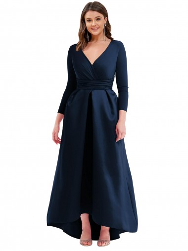 Spandex V-Neck Ball Gown Dark Navy High Low Plus Size Prom Dress Canada Factory
