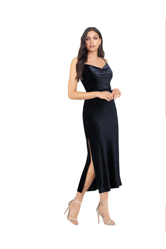 Stretch Velvet Cowl Neck Low Back Column Dark Navy Prom Dress Canada Factory