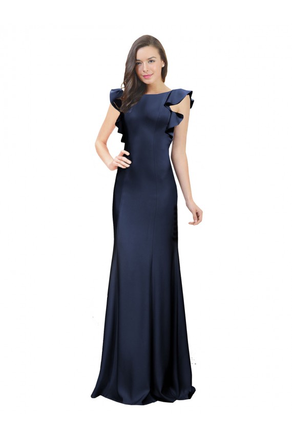 Stretch Crepe Bateau Neck Keyhole Back Mermaid Dark Navy Prom Dress Canada Factory
