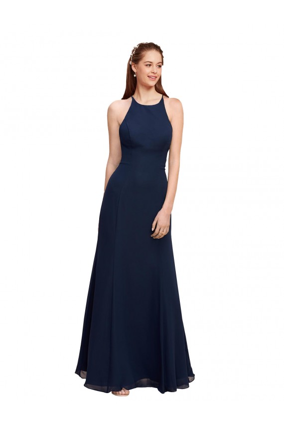Soft Chiffon High Neck Mermaid Dark Navy Prom Dress Canada Factory