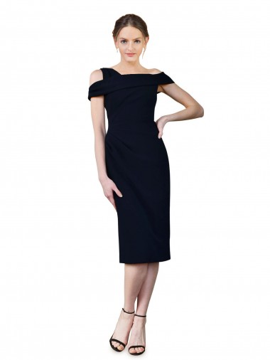 Stretch Crepe Off the Shoulder Cocktail Length Mermaid Dark Navy Prom Dress Canada Factory