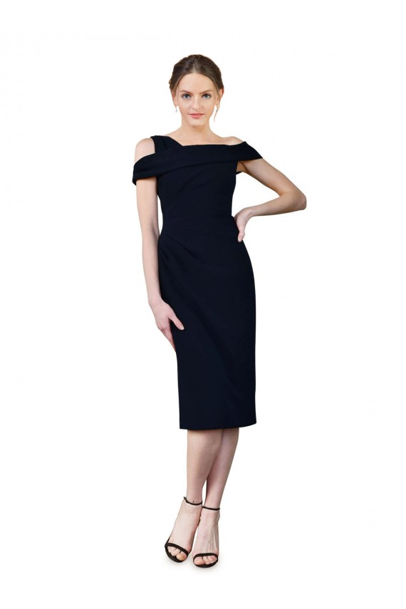 Stretch Crepe Off the Shoulder Cocktail Length Mermaid Dark Navy Prom Dress Canada Factory