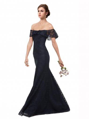 Lace Off the Shoulder Mermaid Dark Navy Prom Dress Canada Factory