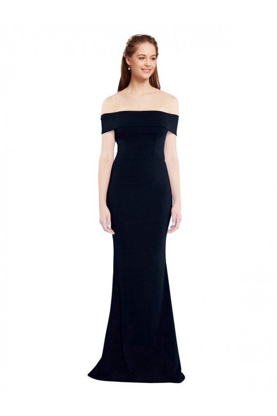 Stretch Crepe Off the Shoulder Keyhole Back Mermaid Dark Navy Prom Dress Canada Factory