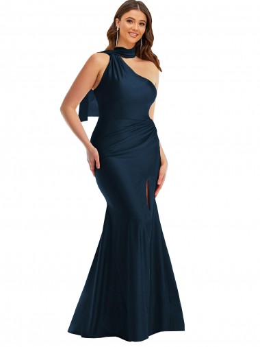 Silky Satin Halter Neck Mermaid Dark Navy Plus Size Formal Prom Dress Canada Factory