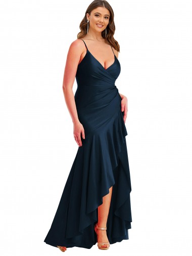 Silky Satin Spaghetti Straps Mermaid Dark Navy High Low Plus Size Prom Dress Canada Factory