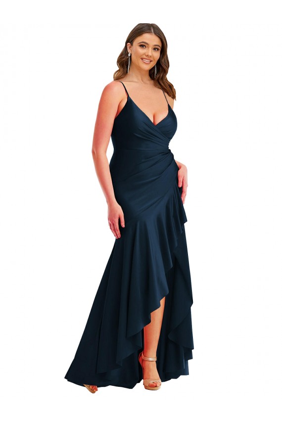 Silky Satin Spaghetti Straps Mermaid Dark Navy High Low Plus Size Prom Dress Canada Factory
