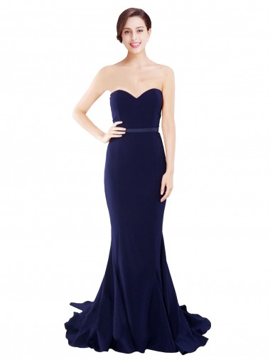 Stretch Crepe Strapless Sleeveless Mermaid Dark Navy Sweep Train Prom Dress Canada Factory