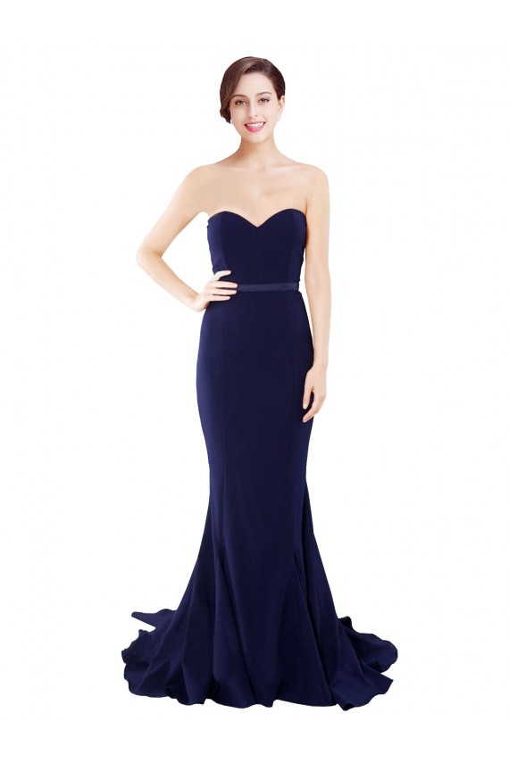 Stretch Crepe Strapless Sleeveless Mermaid Dark Navy Sweep Train Prom Dress Canada Factory