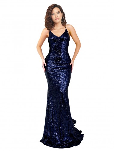 Sequin V-Neck Open Back Mermaid Dark Navy Prom Dress Canada Factory