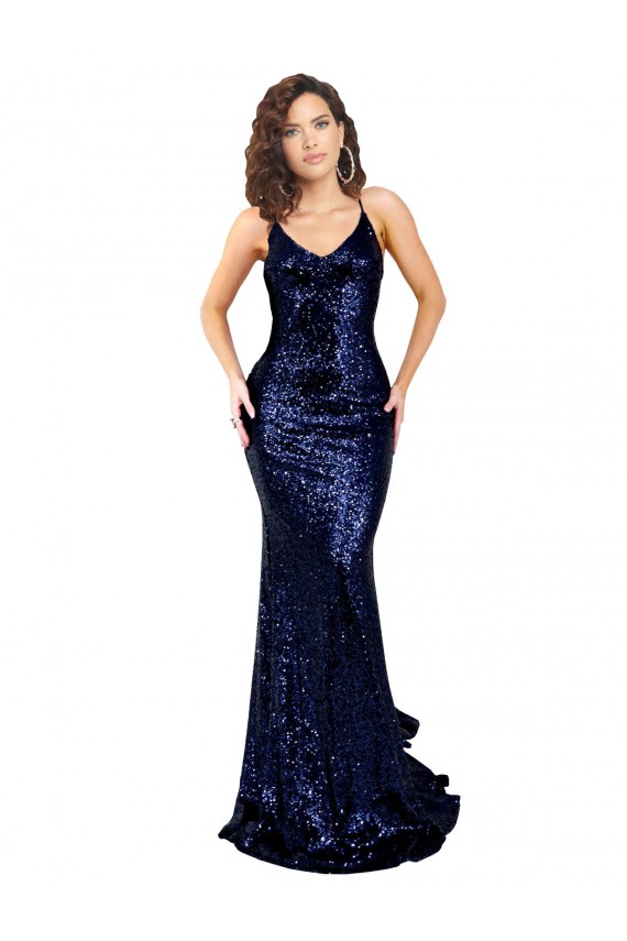 Sequin V-Neck Open Back Mermaid Dark Navy Prom Dress Canada Factory