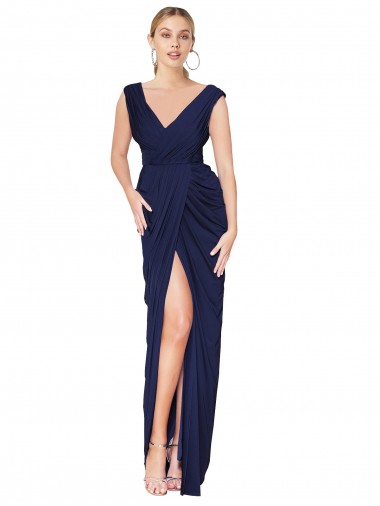Soft Chiffon High Neck V-Back Mermaid Dark Navy Long Prom Dress Canada Factory