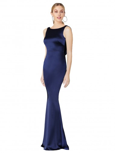 Stretch Satin High Neck Low Back Sheath Dark Navy Prom Dress Canada Factory