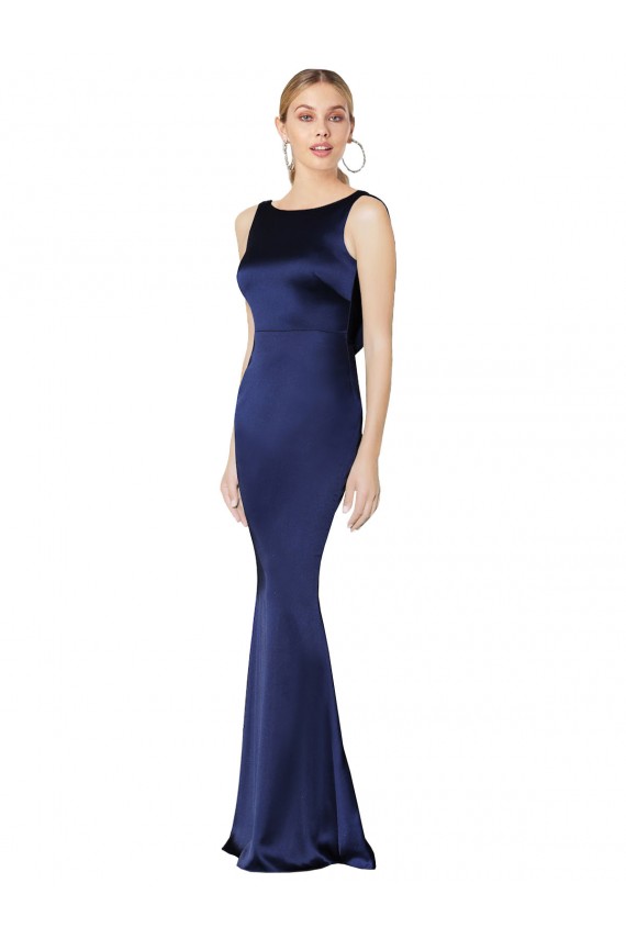 Stretch Satin High Neck Low Back Sheath Dark Navy Prom Dress Canada Factory