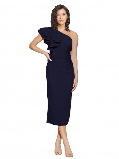 Stretch Crepe One Shoulder Midi Length Sheath Dark Navy Prom Dress Canada Factory