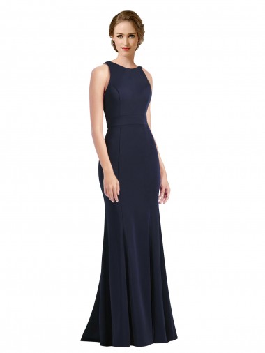 Stretch Crepe High Neck Keyhole Back Sheath Dark Navy Black Tie Prom Dress Canada Factory