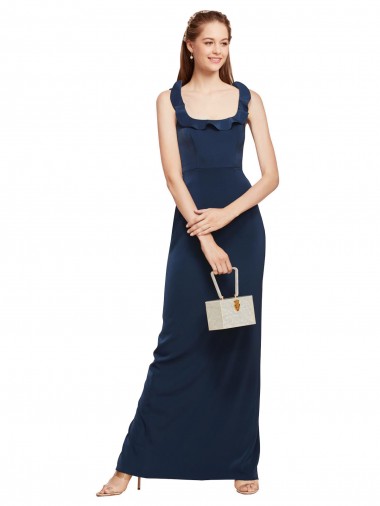Stretch Crepe Scoop Neck Low Back Sheath Dark Navy Long Prom Dress Canada Factory