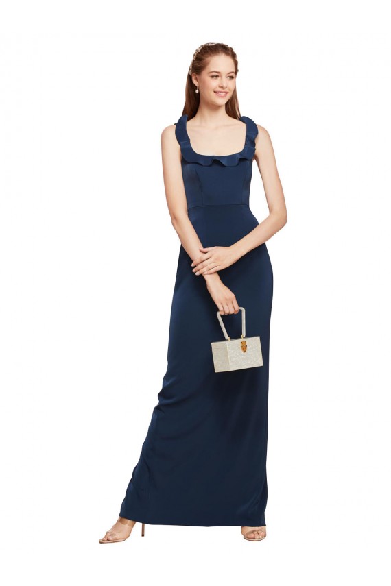 Stretch Crepe Scoop Neck Low Back Sheath Dark Navy Long Prom Dress Canada Factory