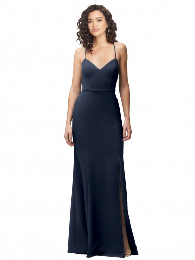 Stretch Crepe High Neck Open Back Sheath Dark Navy Prom Dress Canada Factory