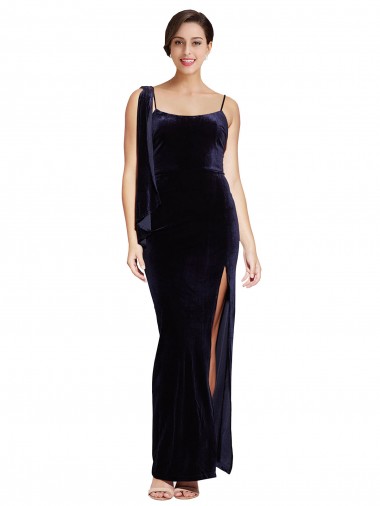 Stretch Velvet Square Neck Low Back Sheath Dark Navy Prom Dress Canada Factory