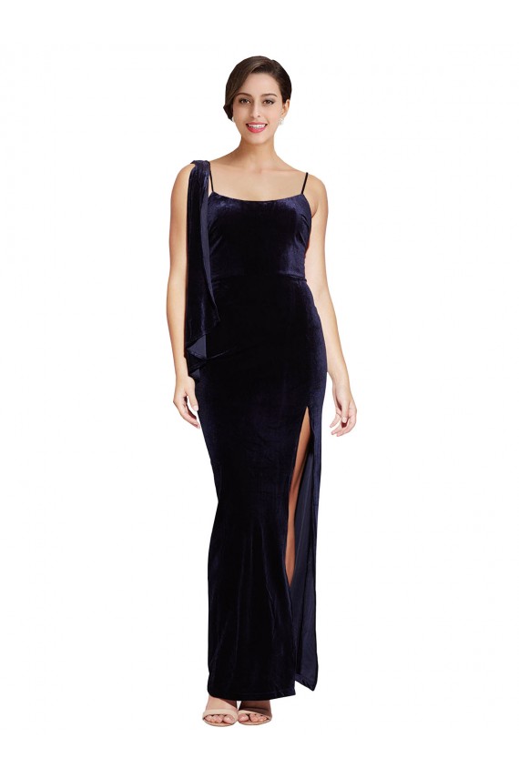 Stretch Velvet Square Neck Low Back Sheath Dark Navy Prom Dress Canada Factory